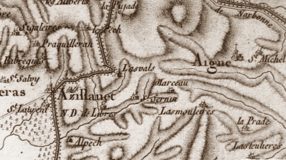 Azillanet, Aigne et Alpech (Le Pech), sur la carte Cassini